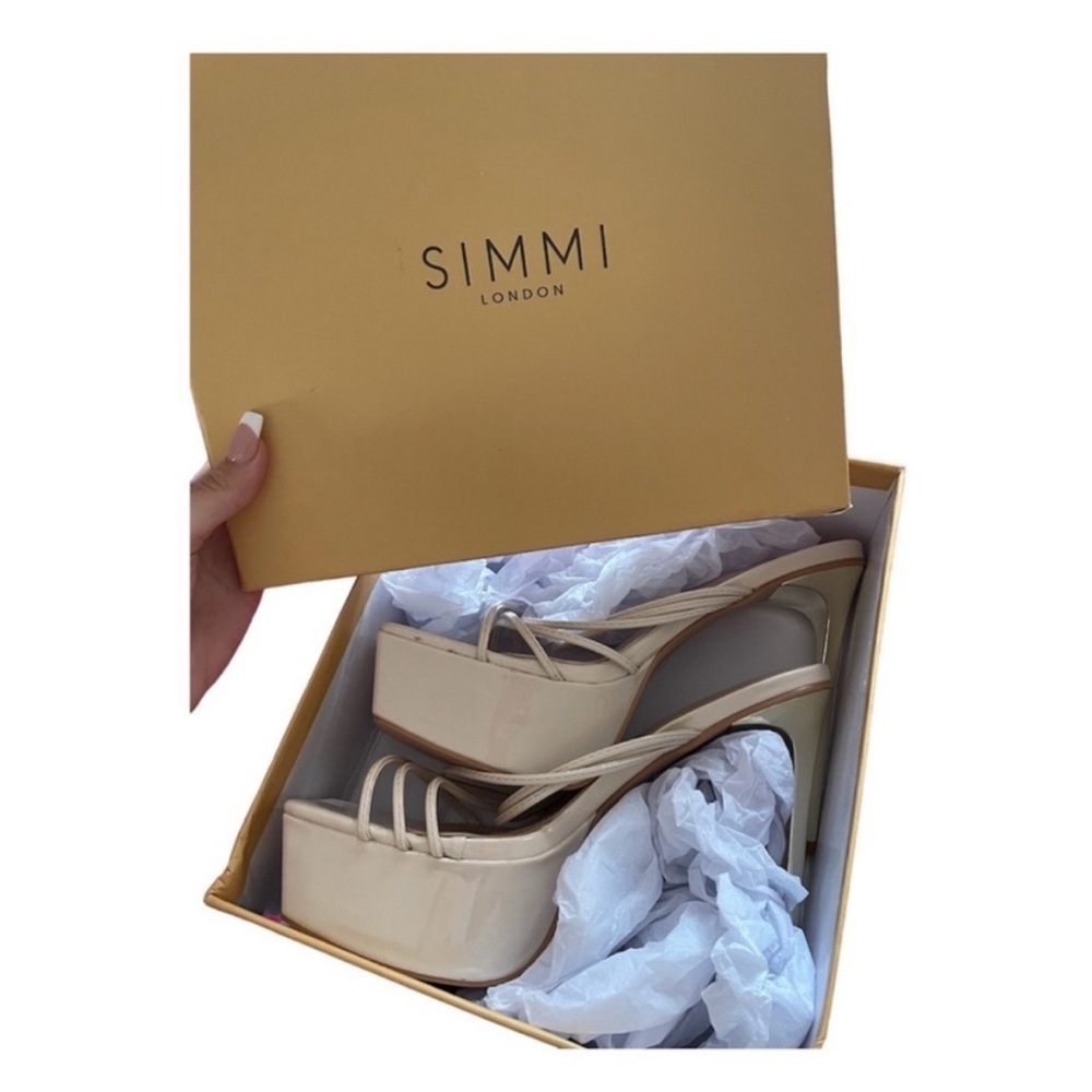 SIMMI LONDON Beige Strappy Heels with Gold Cross Stiletto